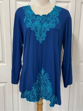 Phool Embroidered Blue Long-Sleeve Women's Tunic with Teal Accents